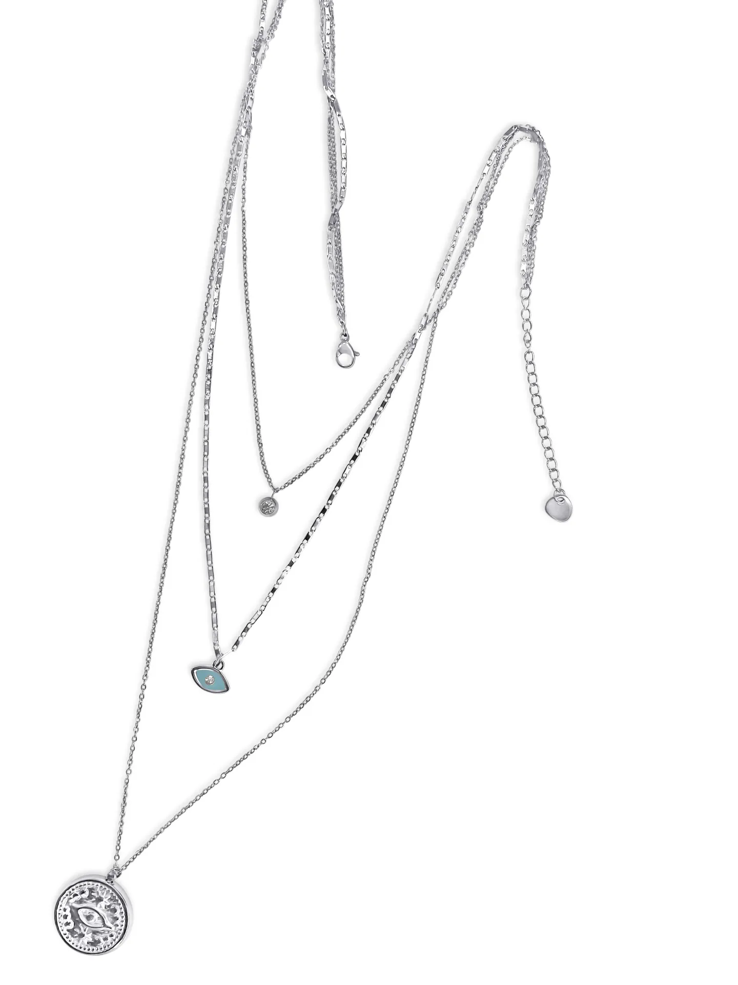 Κολιέ γυναικείο, από ανοξείδωτο ατσάλι, τριπλό, 43 εκατοστά+5εκατοστά αλυσίδα επέκτασης η κοντή αλυσίδα, με ζιργκόν & ματάκι βασκανίας, silverline, 0330342501